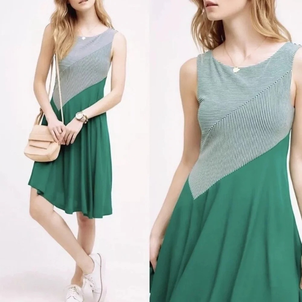 Maeve Anthropologie Green Striped Mixed Media Fit Flare Dress XS Sleeveless Chic